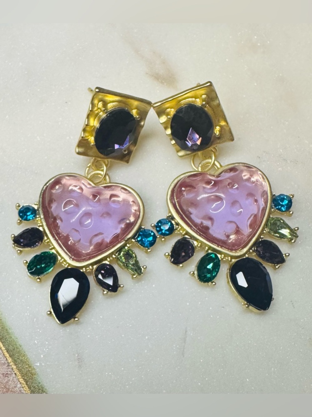 CHNNEL Inspired Pink Heart Statement Drop Earrings Gold Tone Rhinestone - Picture 3 of 6